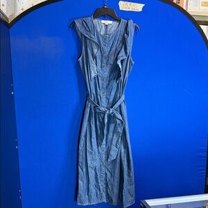 LOFT Blue Denim Midi Dress with Ruffle Detail